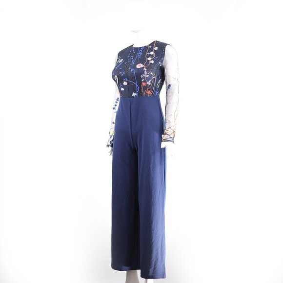 Navy Blue Embroidered Sheer Sleeve Chic Jumpsuit - Picture 2 of 5